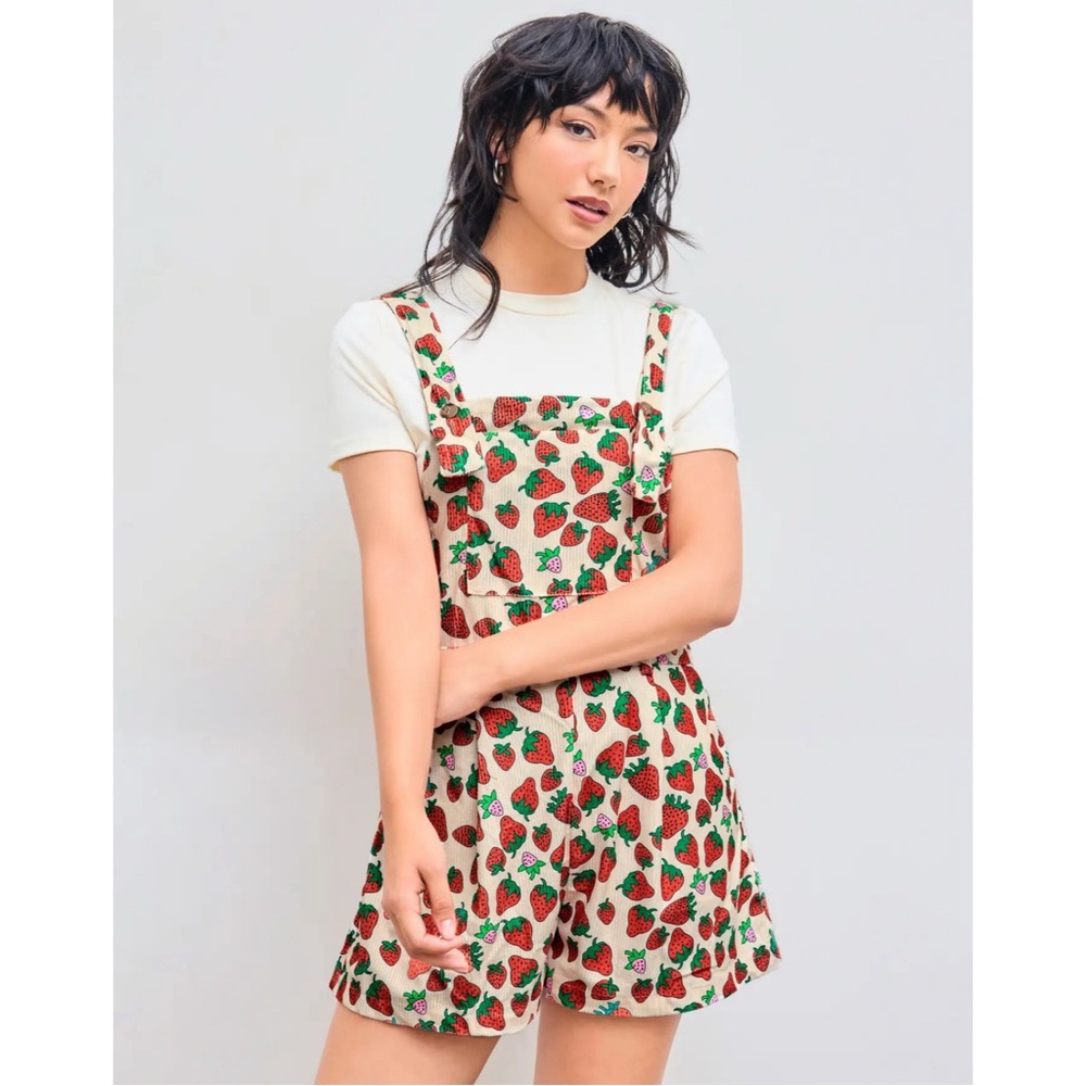 CIDER Strawberry Fields Corduroy Shorts Overalls Romper, Red, Cream, Soft